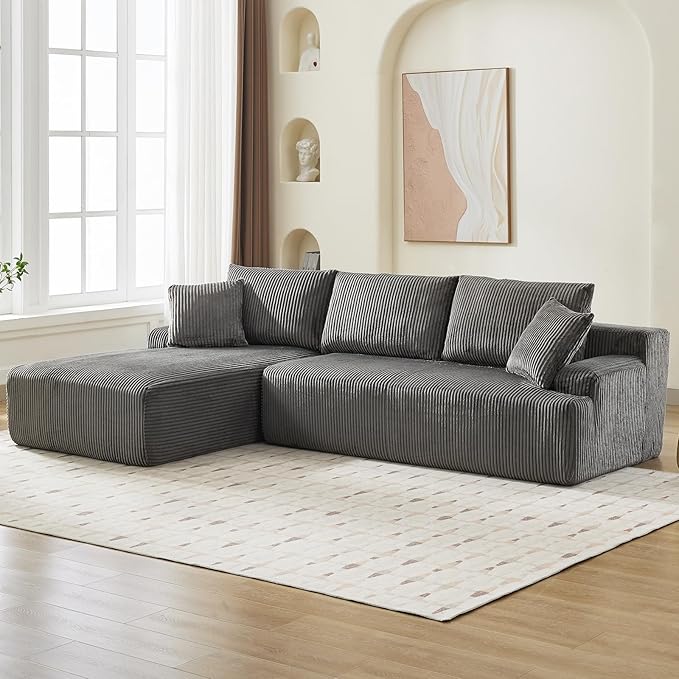 Sectional Cloud Couch for Living Room L Shaped Couch with 3 Seat Ind. Chaise Longue Corduroy Fabric Boneless Modular Modern Sofa with Pillows for Apartment and Small Space Grey