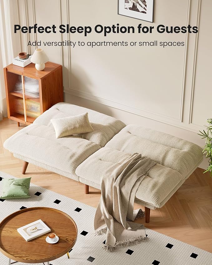 Amada 75" Convertible Futon Sofa Bed, Corduroy Folding Futon Set with Adjustable Backrest &Armrests, Recliner Lounge for Living Room, Apartment or Office, Solid Wood Frame, Loveseat Sofa -Beige White