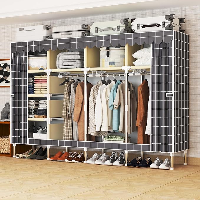 Portable Wardrobe Closet Durable and Easy to Assemble Heavy Duty Clothes Rack with Non-Woven Cover Fabric Best for Bedroom and Easy Storage and Organization (Grey-F)
