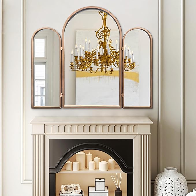 3 Way Mirror Bathroom, Trifold Vanity Mirrors for Bathroom Bedroom, Large Arch Mirrors Decorative Vintage Gold, Adjustable Makeup Mirror for Braiding Hair 360° Way Tabletop & Wall Mounted