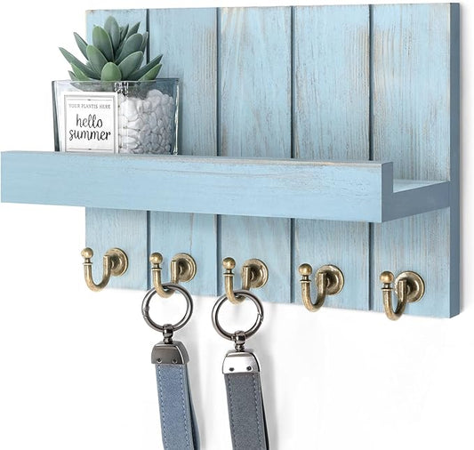 Rebee Vision Decorative Key Holder for Wall - Farmhouse Mail Organizer and Key Hanger Wall Mount for Floating Shelf with Hooks - Mid Century Home Decor Aesthetic (Distressed Blue)