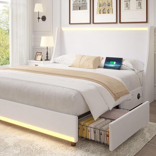 VECELO Queen Size Bed Frame with Storage Drawers, Upholstered Platform Bedframe with Wingback Headboard, No Box Spring Needed, White