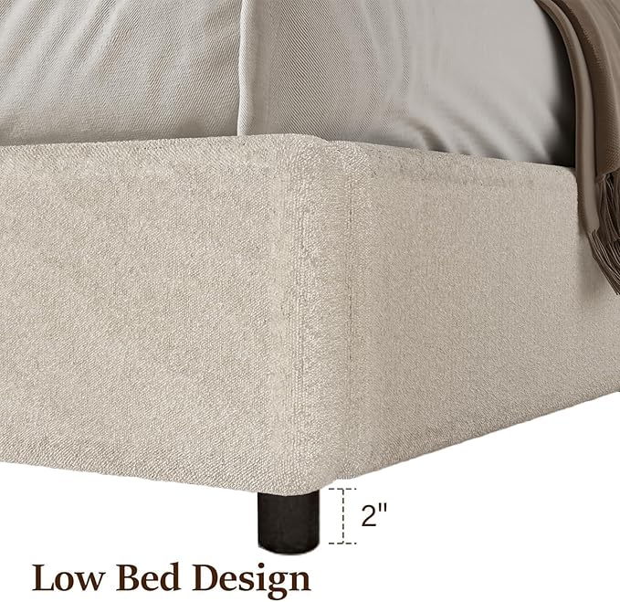 Twin Size Bed Frame, Boucle Upholstered Platform Bed with Headboard, Cloud Bed Frame with Soft Rounded Corners, No Box Spring Required, Easy Assembly, White