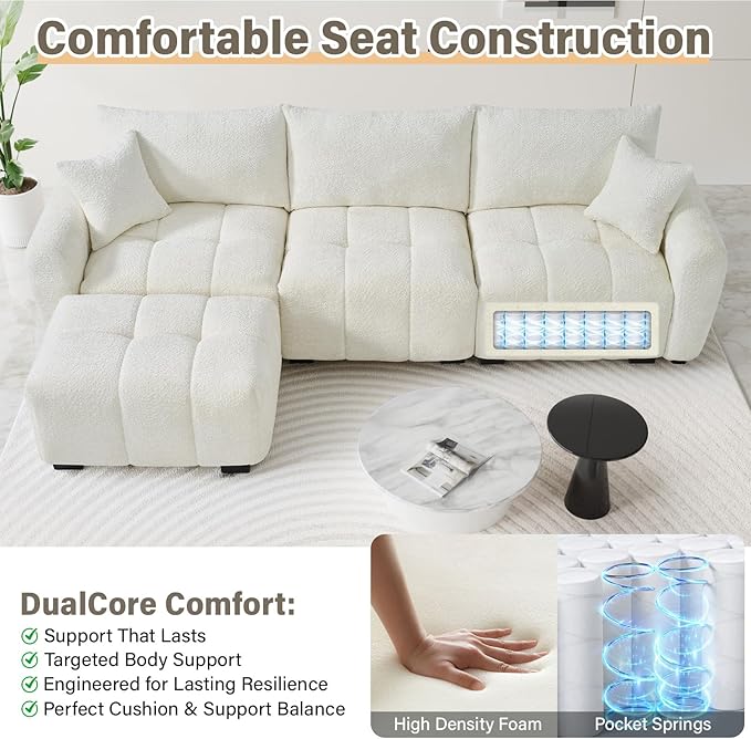 110" L Shaped Modern Boucle Sofa Modular Sectional Cloud Couch with Ottoman, Tufted 4-Seat Deep Seat Sofa with Pillows for Living Room, Bedroom and Apartment, Beige White