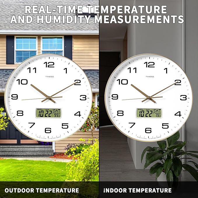 Wall Clock, 14" Large Dial Non-Ticking Silent Battery Operated Analog with LCD Display for Perpetual Calendar and F° Temperature, Ideal Modern Home, Bedroom, Office Decor (Gold)