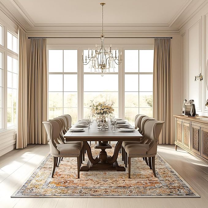 8x10 Area Rugs for Living Room Washable Non Slip Boho Modern Large Rugs Soft Faux Fur Low Pile Stain Resistant Vintage Euro Floral Big Carpet Rug for Bedroom Dining Room Family Room Fall Decor,Orange