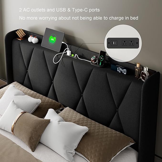 Feonase Queen Bed Frame with 4 Storage Drawers, Upholstered Platform Bed with Charging Station, Wingback Storage Headboard, Wooden Slats Support, No Box Spring Needed, Easy-Assembly, Black