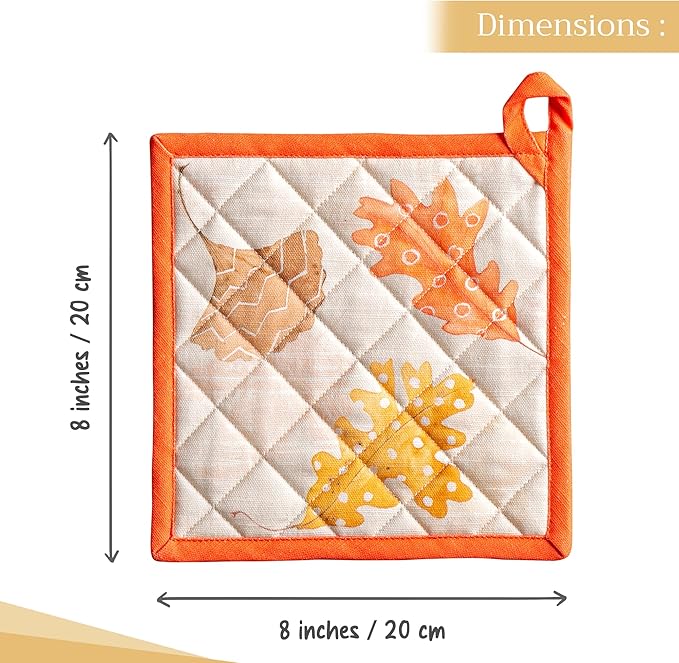 Maison d' Hermine Pot Holders Set 100% Cotton Heat Resistant Potholders 8" x 8" Hot Pads with Loop for Thanksgiving Christmas Decorations BBQ Baking Handling Hot Pans (Pack of 2, Colours of Autumn)