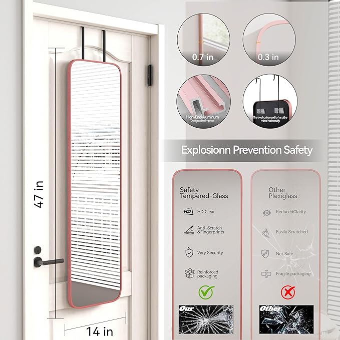 47x14 Mirror Full Body Length Door Hanging or Wall Mounted Metal Frame Dressing Mirrors for Entryway Girl Bedroom Bathroom Living Room 47 14 inch Pink Rose Gold