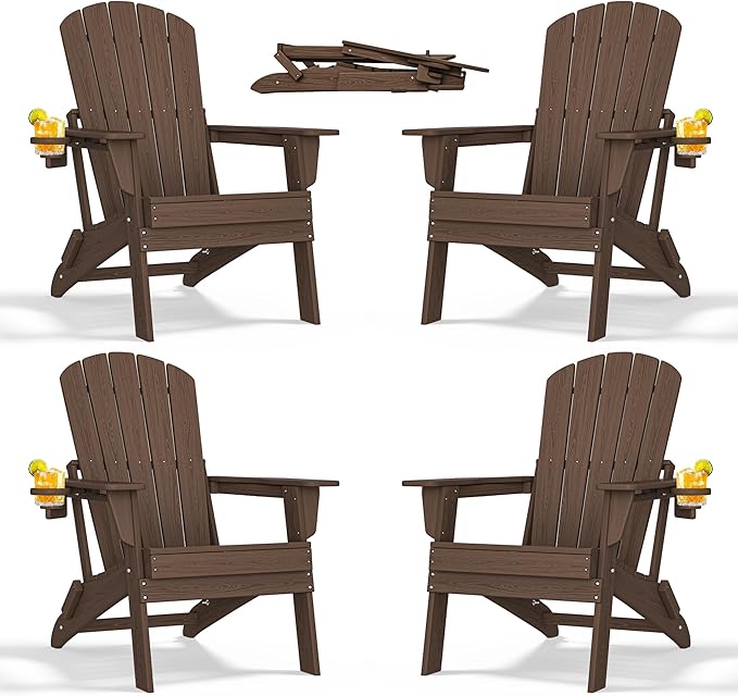 nevilywood Folding Adirondack Chair with Cup Holder Set of 4, HDPE Patio Chairs,All-Weather Outdoor Chairs for Backyard, Deck,Fire Pit-Coffee