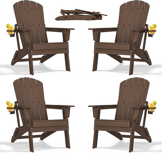 nevilywood Folding Adirondack Chair with Cup Holder Set of 4, HDPE Patio Chairs,All-Weather Outdoor Chairs for Backyard, Deck,Fire Pit-Coffee