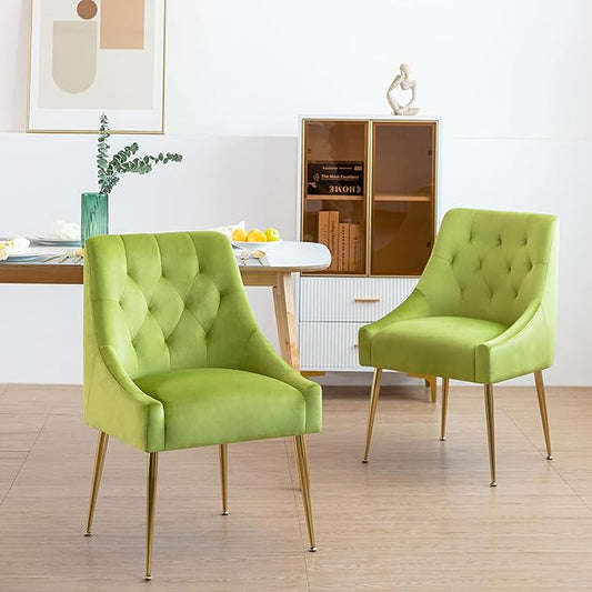 Modern Dining Chair Set of 2, Mid-Century Room Chair, Upholstered Comfortable Velvet with Back Pull Rod and Metal Legs for Kitchen, Living (Yellow-Green), (DYXSD)