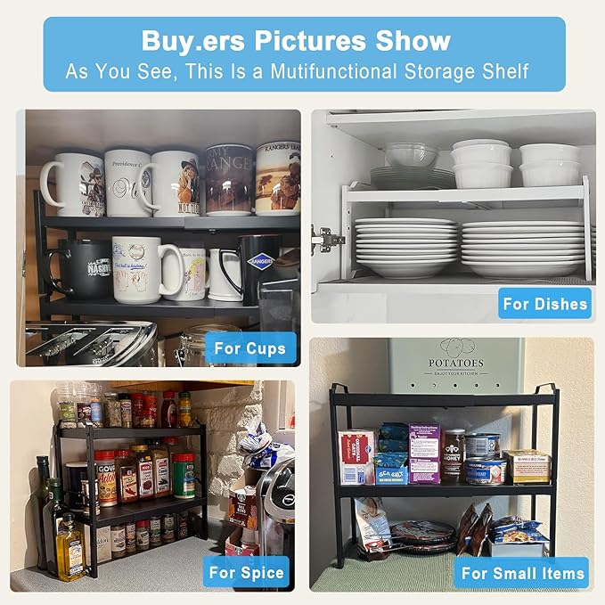 X-cosrack 25.5 Inches 3 Pack Expandable Cabinet Shelves, Stackable Shelf Organizer for Kitchen Cabinet Countertop Storage, Adjustable Counter Cupboard Pantry Organizer Shelf Rack Stand Riser, Black