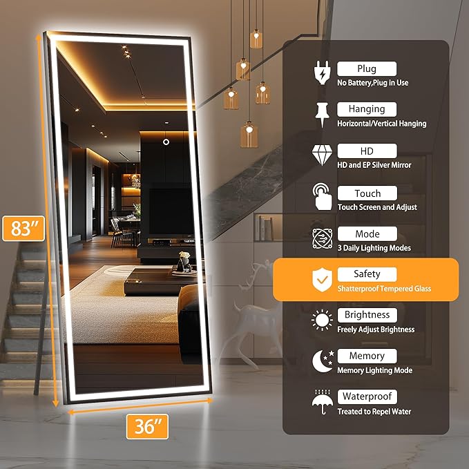 Hasipu Full Length LED Mirror with Lights, 83" x 36" Floor Standing or Hanging Mounted, Full Body Dressing Mirror, Dimmable Light, Tempered Glass, Square Black
