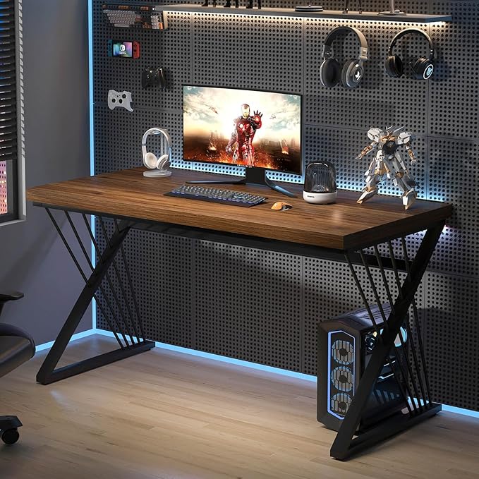 FOLUBAN Home Office Desks, Modern Wood and Metal Writing Study Work Table, Industrial Computer Desk for Bedroom Living Room, Rustic Walnut, 47 Inch