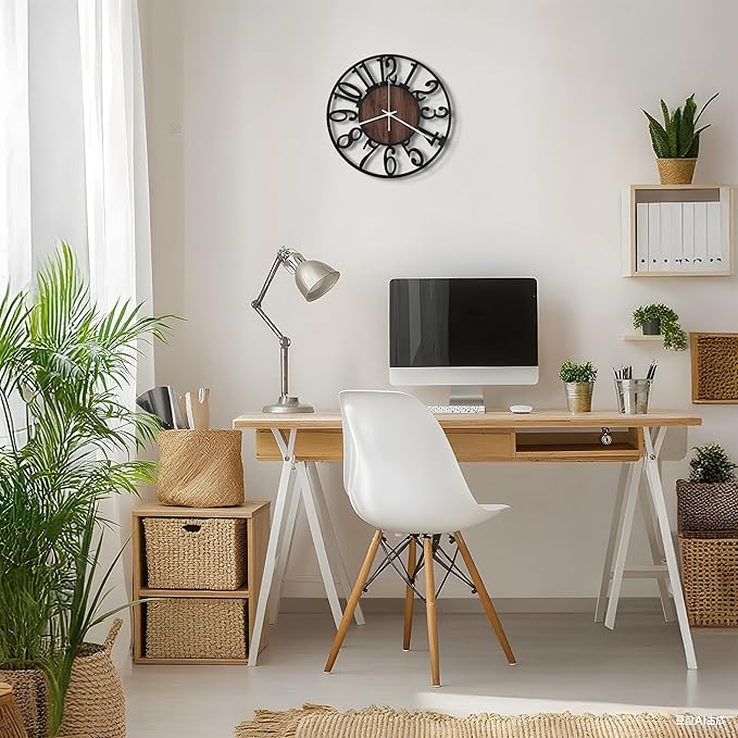 Maxstar Wall Clock Battery Operated,Silent Non-Ticking Modern Rustic Metal Round Clocks Small for Living Room/Bedroom/Office/Kitchen/Farmhouse Home Decor-12 Inch(Brown-Wood)