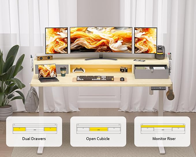 48x24 Inches Electric Standing Desk with 2 Drawers, Height Adjustable Stand up Desk for Home Office, Ergonomic Sit to Stand Table with Storage Shelf, DIY Board, Hooks, Oak