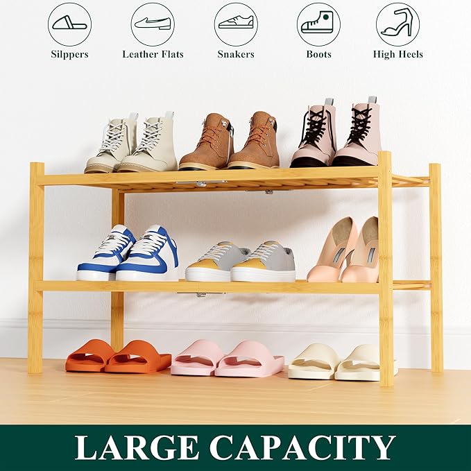 Smiry Shoe Rack, 2 Tier Thick Bamboo Shoe Organizer, Stackable Free Standing Wooden Shoe Storage Shelf for Closet, Entryway, Front Door Entrance, Natural
