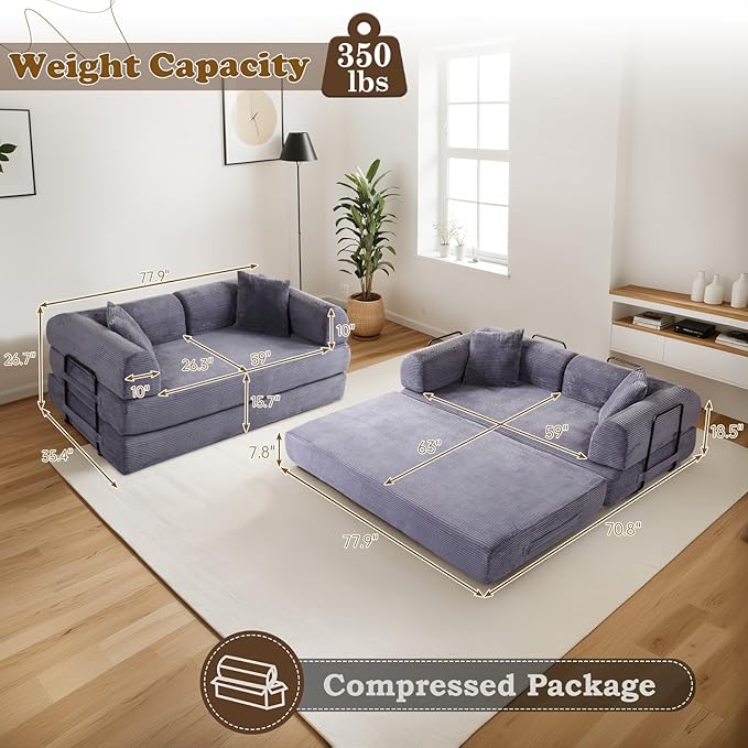 Antetek Convertible Futon Sofa Bed, 3-Seater Modern Corduroy Foam Floor King Size Bed Fold Out Sleeper Lounge Loveseat Sofa Couch with 2 Throw Pillows for Living Room Bedroom Guest Room, Light Grey