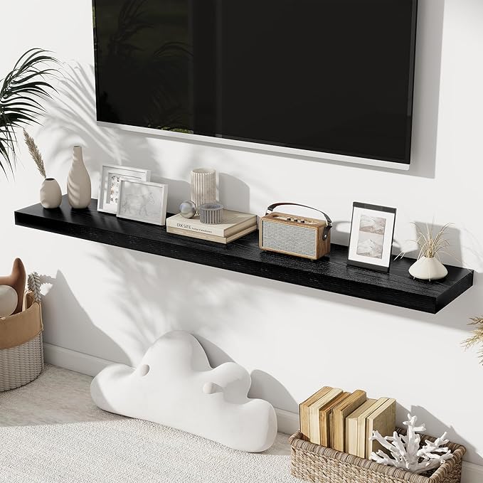 Fun Memories 55 Inch Long Floating Shelves for Wall, 8" Deep Floating Shelves for Bathroom Living Room Bedroom, Black Rustic Wall Mounted Shelf with Invisible Heavy-Duty Bracket, 2 Pack