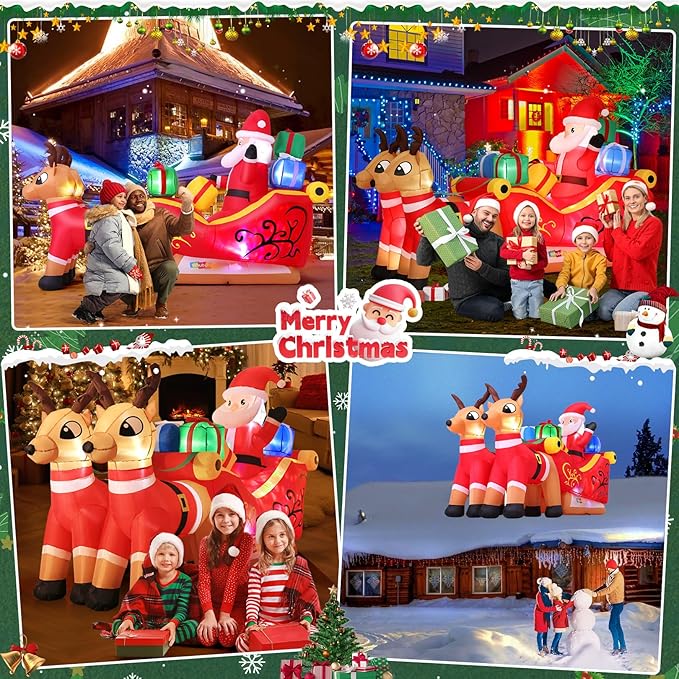 7.8Ft Christmas Inflatables Outdoor Decorations with Colorful LED Lights, Christmas Inflatables Santa Claus on Sleigh with 2 Reindeer Deer Gift Box, Blow Up Yard Decor for Indoor Xmas Party Patio Lawn