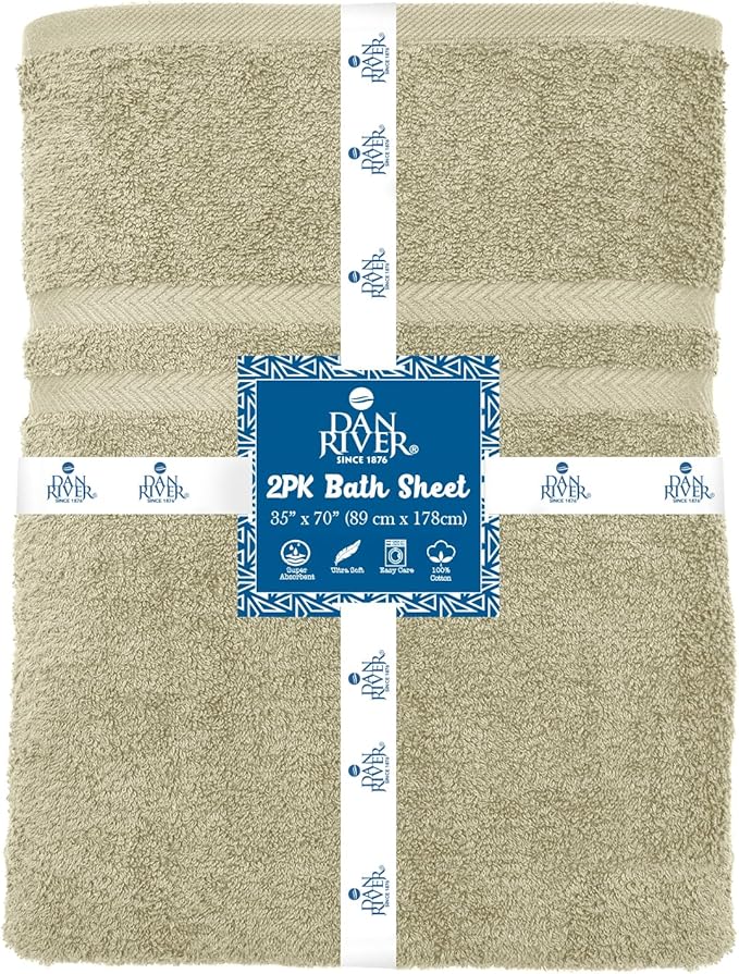 DAN RIVER 2 Pack Luxury Bath Sheets 35x70, 600 GSM, Soft & Quick Dry 100% Ring Spun Cotton Towels Ideal for Hotels, Spas, Gyms & Salons Extra Large, Beige