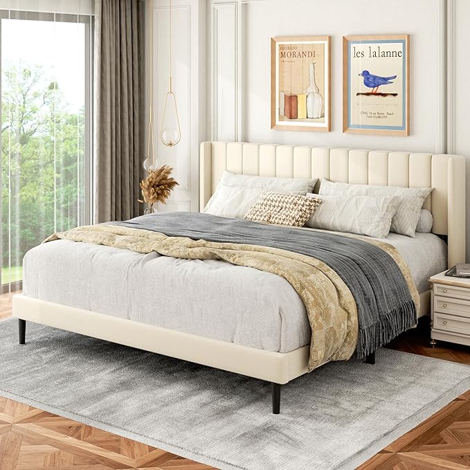 King Size Bed Frame with Wingback Headboard, Upholstered Platform Bed, No Box Spring Needed, Sturdy Wooden Slat Support, Easy Assembly, Cream