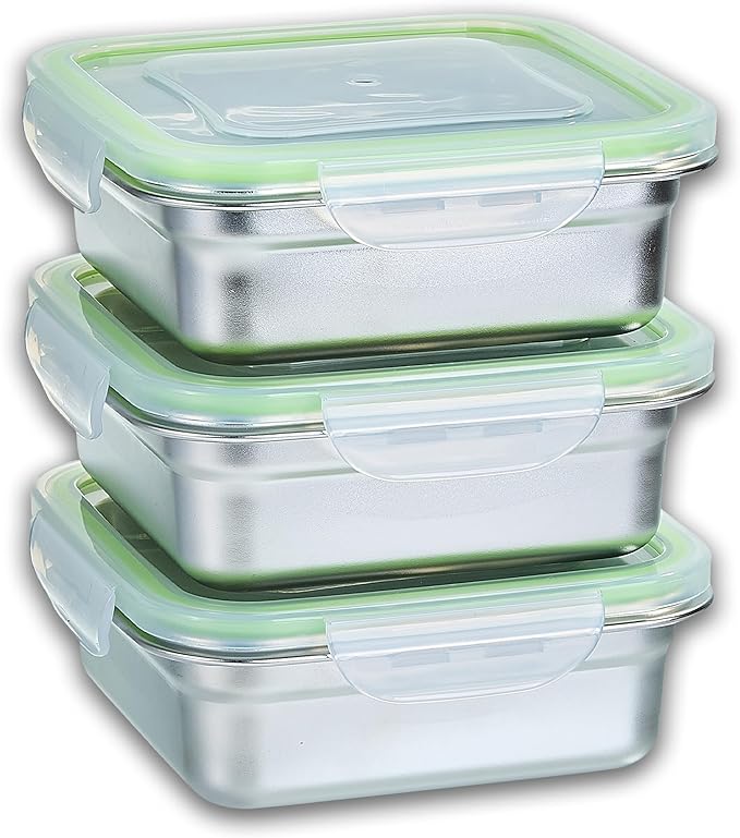 Set of 3 Stainless Steel Sandwich Containers - Food Grade Metal Base with a BPA Free Leakproof & Airtight Silicone Seal Lid. Great for Sandwiches, Snacks, Meal Prep & Food Storage