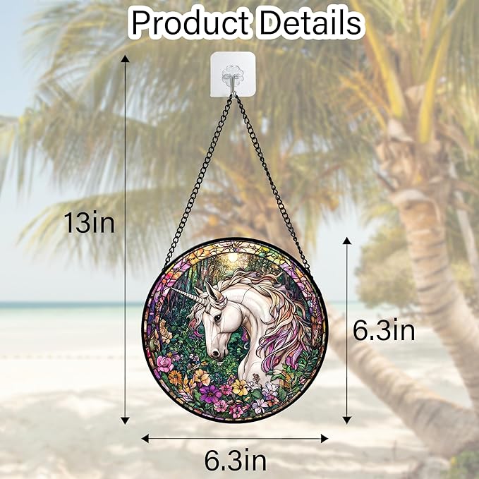 Stained Glass Window Hanging, Unicorn Flowers Suncatcher for Doors Home Sun Catchers Decoration and Christmas, Mother's Day Birthday Gifts for Women, Men, and Mom 6.3 in