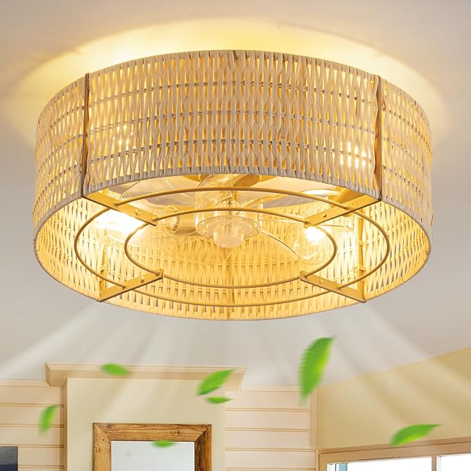 Boho Ceiling Fan with Light, Rattan Fandelier Flush Mount with Remote, Reversible Motor, Enclosed Low Profile Wicker Cage,Farmhouse Caged Ceiling Fans for Bedroom, Living Room, Kitchen