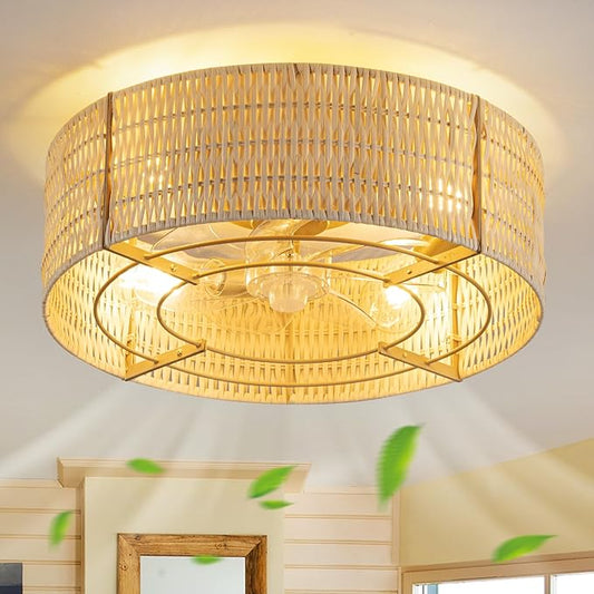 Boho Ceiling Fan with Light, Rattan Fandelier Flush Mount with Remote, Reversible Motor, Enclosed Low Profile Wicker Cage,Farmhouse Caged Ceiling Fans for Bedroom, Living Room, Kitchen