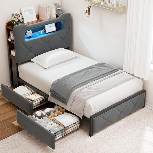 Twin Upholstered LED Bed Frame with 2 Storage Drawers and 2-Tier Storage Bookcase Headboard, Velvet Platform Bed for Kids/Girls/Boys, Heavy Duty Metal Support, No Box Spring Needed, Grey