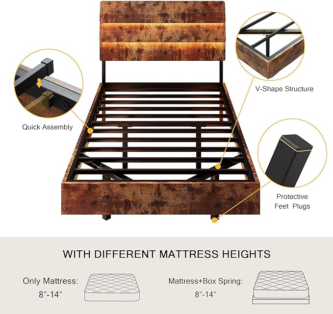 Floating Bed Frame Twin Size with Led Headboard and Charging Station, Metal Platform Bed Base with Storage, Remote Control, Heavy Slats Support, No Box Spring Needed, Noise Free, Vintage Brown