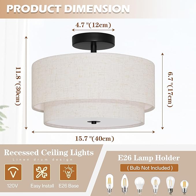 3 Light Semi Flush Mount Ceiling Light Fixture 15.7 Inch Modern Black Drum Ceiling Light Fixture with 2-Layer Fabric Shade Dimmable Close to Ceiling Light for Living Room Hallway Bedroom Entryway