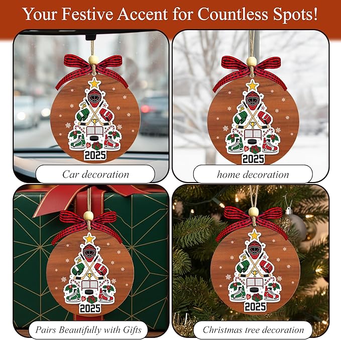 Ice Hockey Christmas Ornament 2025- Ice Hockey Gifts for Players, Family, Friends, Sport Lovers, Coaches - 2 Layer Wooden Hockey Ornaments for Christmas Tree - Sports Wood Hanging Decor Ornaments