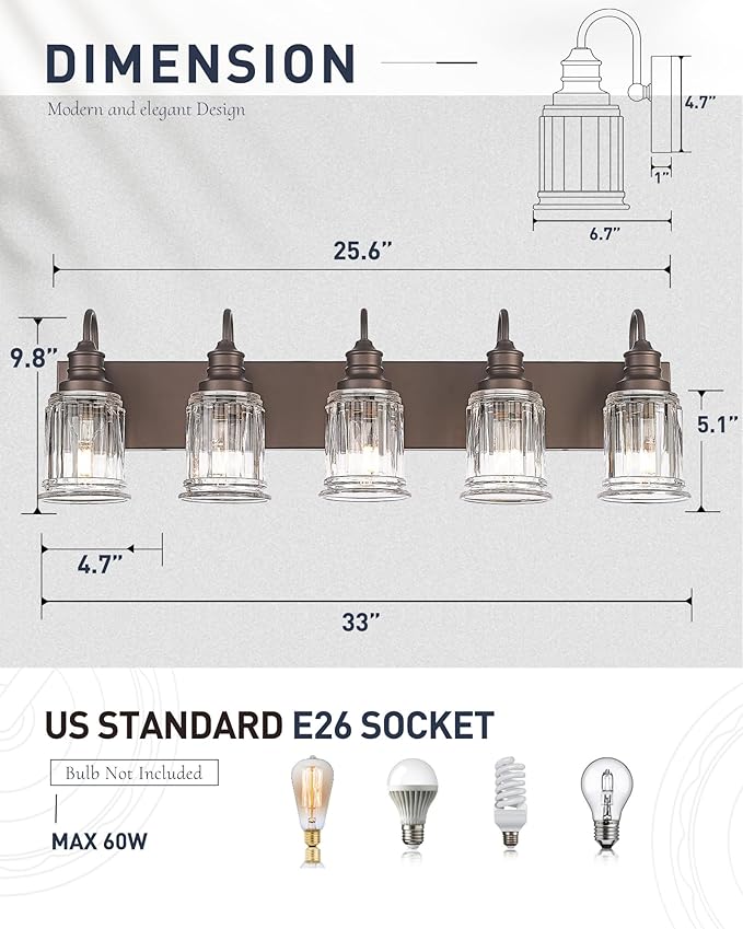 5 Light Bathroom Vanity Light - HWH Farmhouse Vanity Lights for Bathroom Wall Light Fixtures Over Mirror Oil-Rubbed Bronze, Bell-Shaped Fluted Clear Glass, 5HZG106B-5W ORB