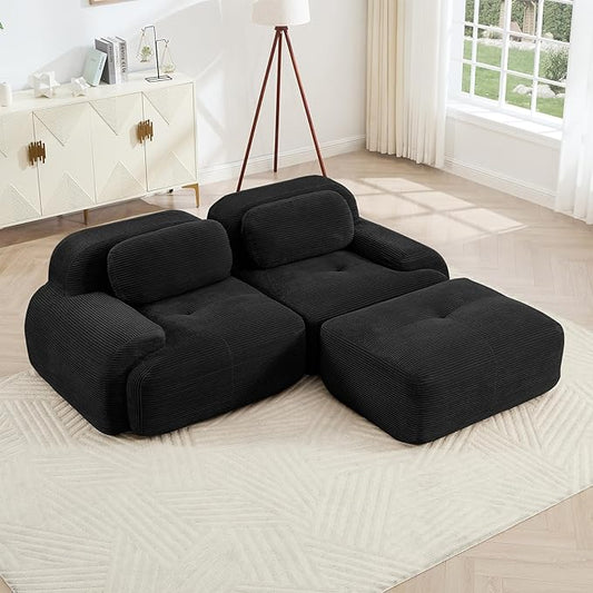 80" Modern Compressed Boneless Love Seat Couches with 1 Ottoman, 2 Seater Large Sectional Couches for Living Room, Black Corduroy Cloud Modular Sectional Sofa, Memory Foam, Deep Loveseat, No Assembly
