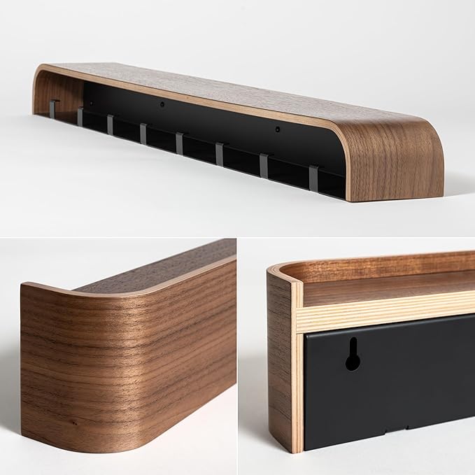 Kazai. Wall-Mounted Coat Rack 'Toke' - Modern Design with Hidden Wall Hooks - Solid Wood Veneer Panel Coat Hanger - Walnut