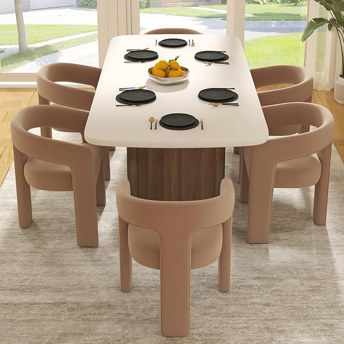 Modern Barrel Dining Chairs Set of 6, Velvet Upholstered Accent Side Chair with Arms Comfy Makeup Vanity Chairs, Dining Living Room Kitchen Chairs, Khaki