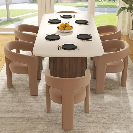 Modern Barrel Dining Chairs Set of 6, Velvet Upholstered Accent Side Chair with Arms Comfy Makeup Vanity Chairs, Dining Living Room Kitchen Chairs, Khaki