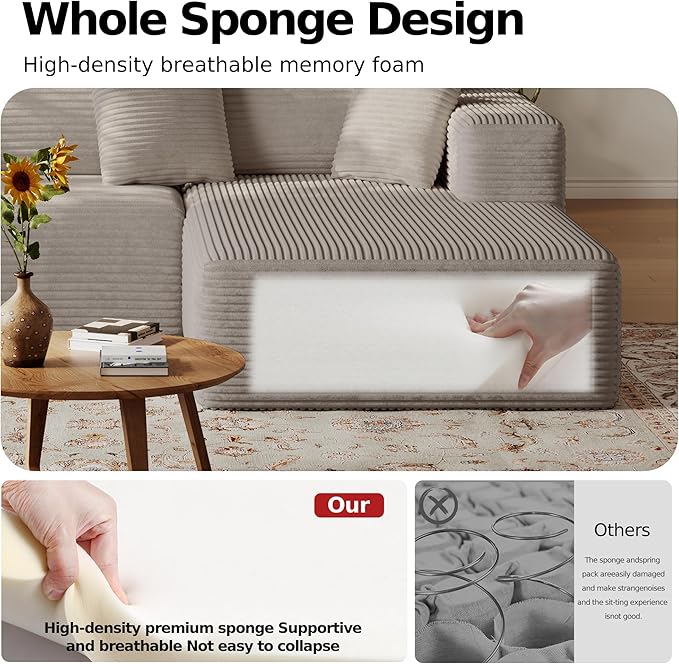 108'' Modular Sectional L-Shaped with Chair,Deep Seat Boneless Corner Couch for Living Room,Plush Corduroy Couch with Detachable Sofa Set,No Assembly(Right Facing Chaise,Camel)