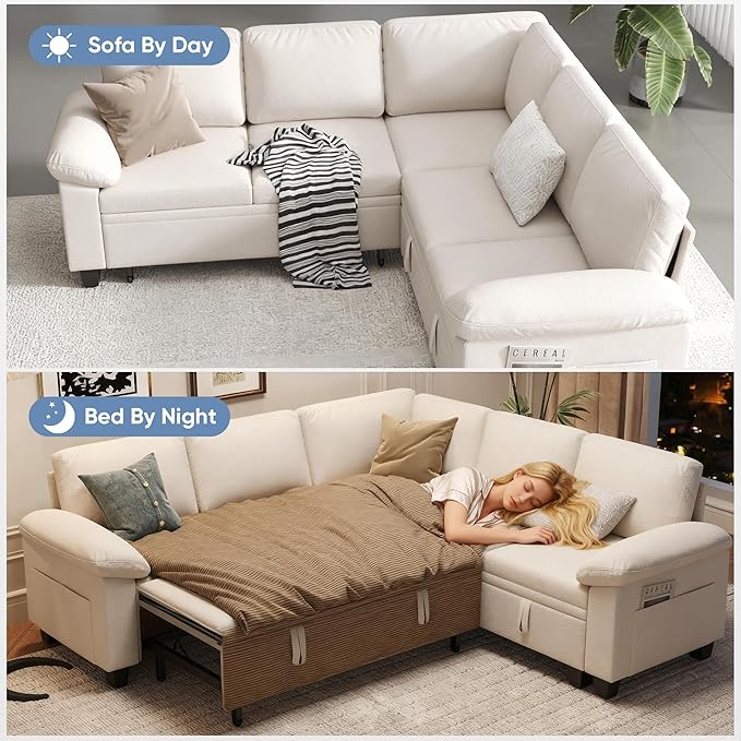 76.8" Modular Sectional Sleeper Sofa with Pull Out Bed,U Shaped 5 Seat Sectional Sofa with Storage,Modular Couch for Living Room,Deep Seat Couch with Removable Sofa Cover,Beige