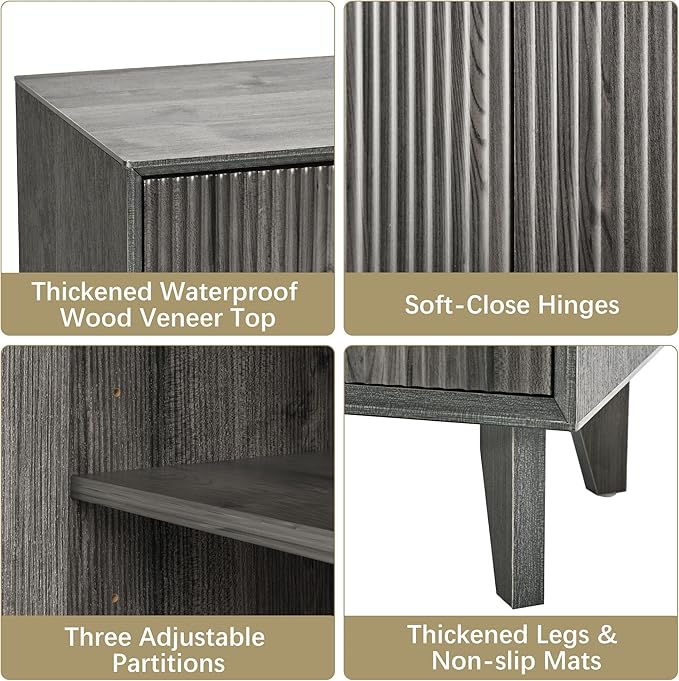 Fluted Cabinet with Storage, Buffet Storage with 4 Doors, Buffet Sideborad Accent Cabinet with Adjustable Shelves for Living Room, Kitchen, Entry, Hallway, Black&Grey