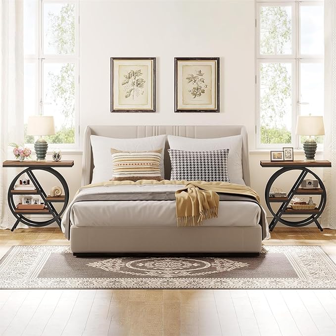 Tribesigns End Table Set of 2, 3-Tier Narrow Sofa Side Table with Storage for Living Room, Wood End Table with Geometric Metal Frame, Industrial Nightstand and Bedside Table for Bedroom, Rustic Brown