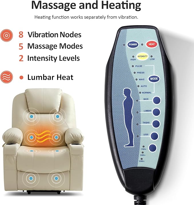 MCombo Power Lift Recliner Chair for Elderly, Lift Chair with Heat and Massage, FSC Certified, USB Ports, Cup Holders, Faux Leather 7040 (Cream White, Medium)