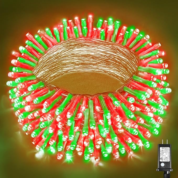 Vivideal 200 LED Red and Green Christmas Lights - 66ft String Lights Indoor Clear Wire 8 Modes Plug in Waterproof Fairy Light with Timer Memory for Indoor Outside Bedroom Home Party Decorations