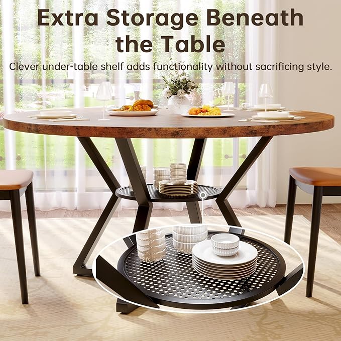 Concho 55" Round Table for 4-6, Circle Dining Dinner Table with Pedestal Metal Frame, Space Saving Wood Kitchen & Dining Room Furniture, Rustic Brown