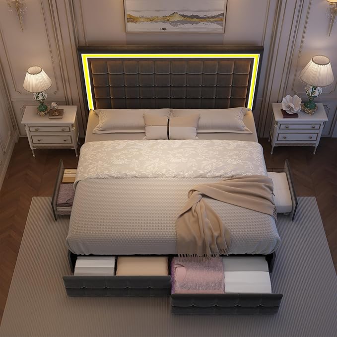 Full Bed Frame with LED Lighting and Storage Drawers, No Box Spring Needed, Supports 900 lbs, Easy Assembly, Quiet and Sturdy Design, Velvet Gray