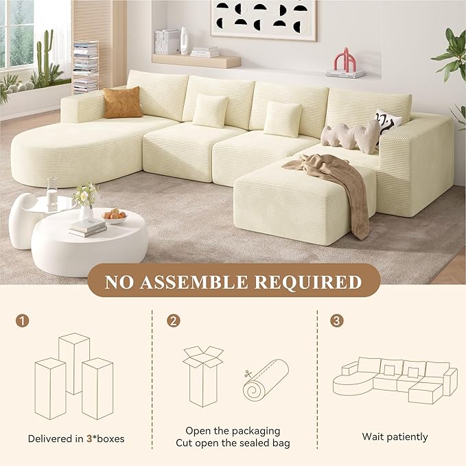 134" Boneless Couches for Living Room,Modular Sectional Sofa with Ottoman,Cloud Couch in a Box,Sponge Compression U Shaped Sofas with Chaise No Assembly Required(Beige-Corduroy Fabric) 1pcs