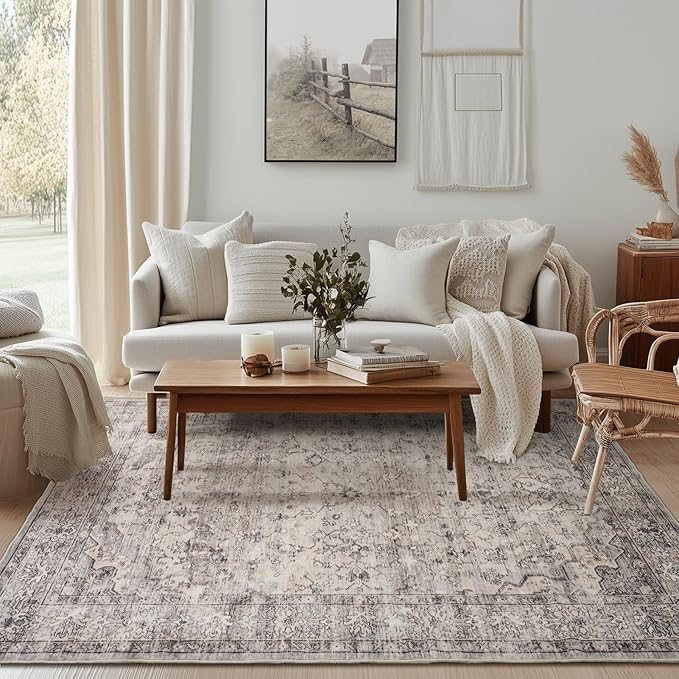 Neutral Modern Area Rugs 6x9 Machine Washable Living Room Rug Non Slip with Rubber Backing Soft Faux Fur Low Pile Stain Resistant Boho Floral Carpet Rugs for Bedroom Dining Room Kids Room Office,Grey